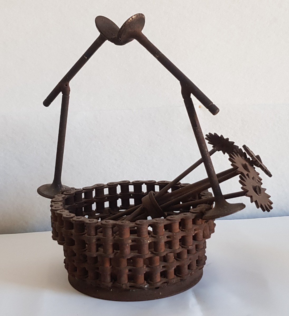 Art Brut Sculpture Basket Flowers In Iron-photo-1