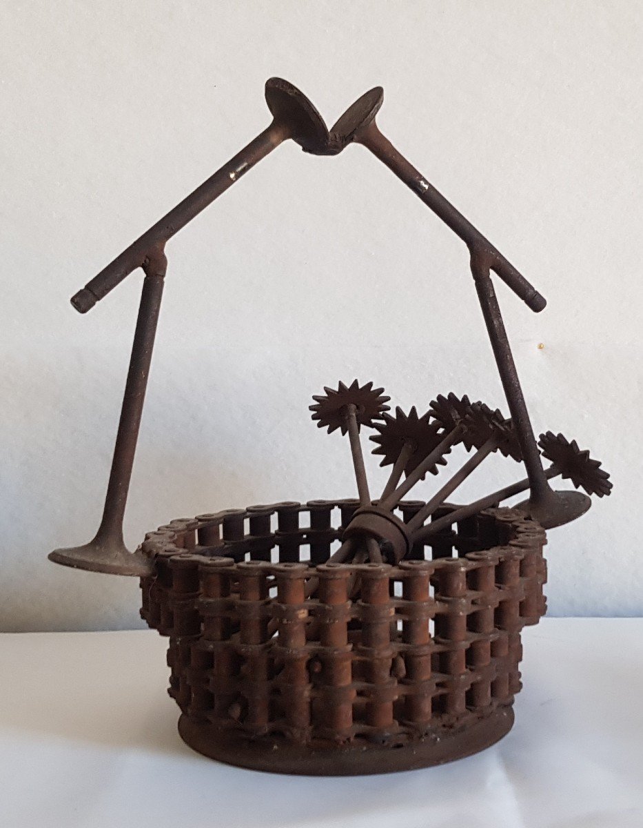 Art Brut Sculpture Basket Flowers In Iron-photo-2