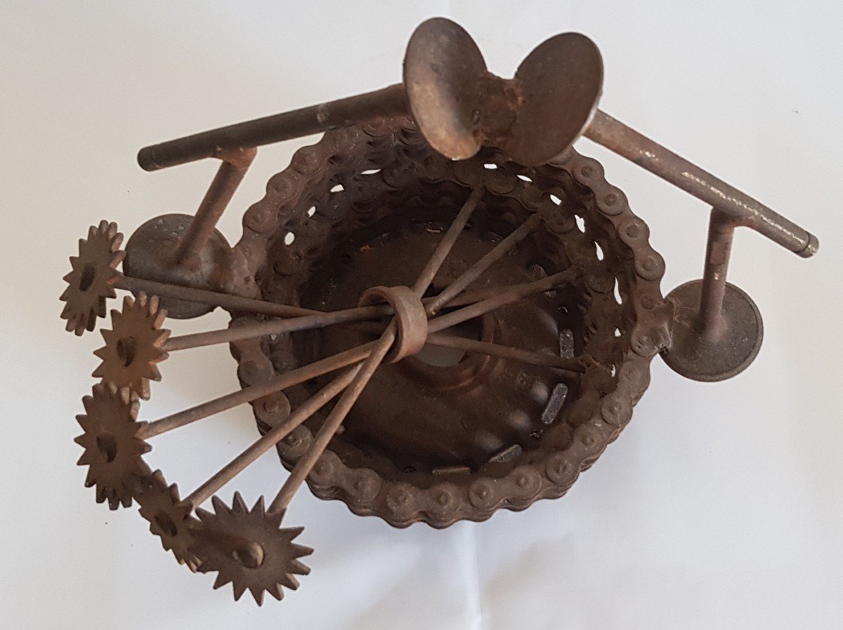 Art Brut Sculpture Basket Flowers In Iron-photo-8