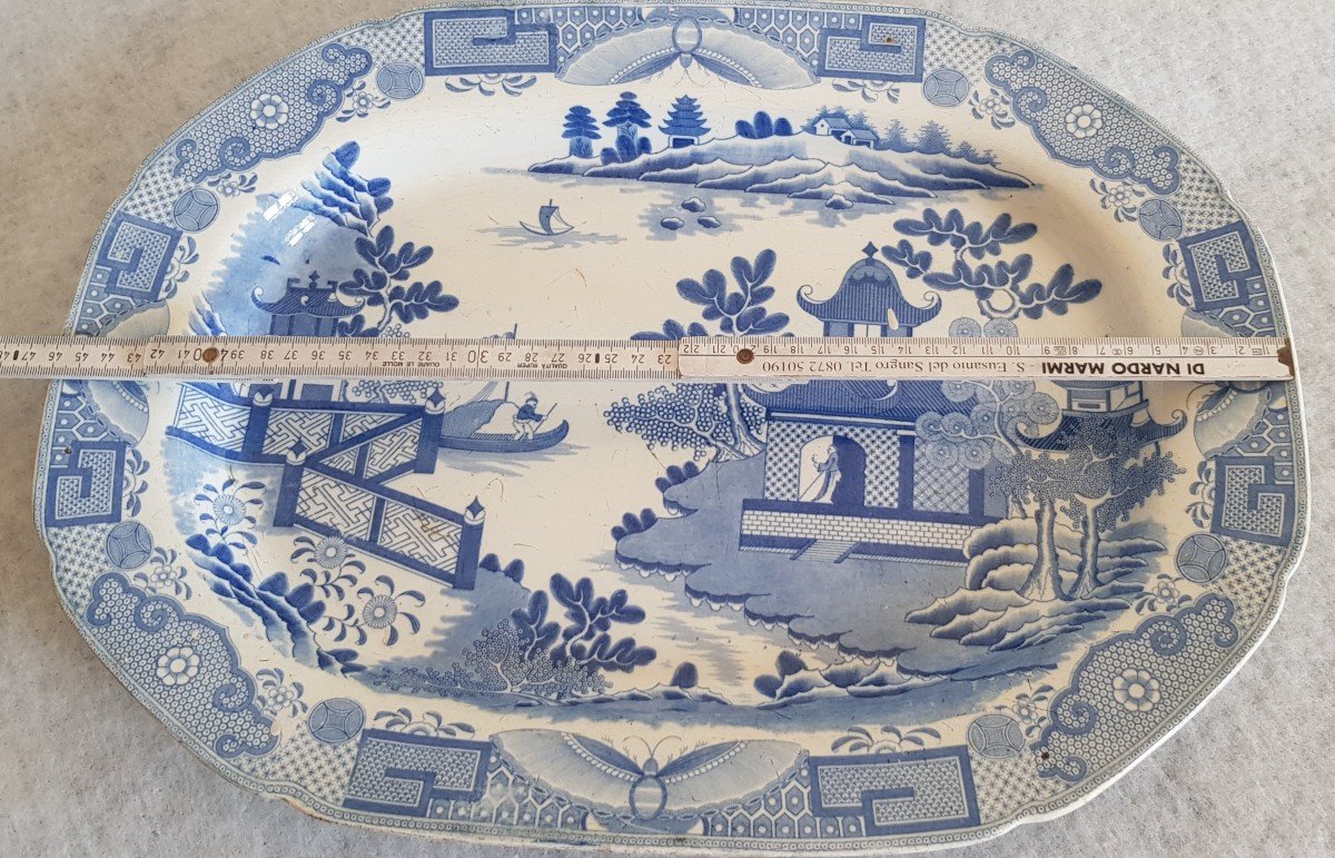 Grand Plat Faience Anglaise Decor Chinoiserie Bleu Et Blanc Par Davenport c.1793-1810  cm 34x46 -photo-2