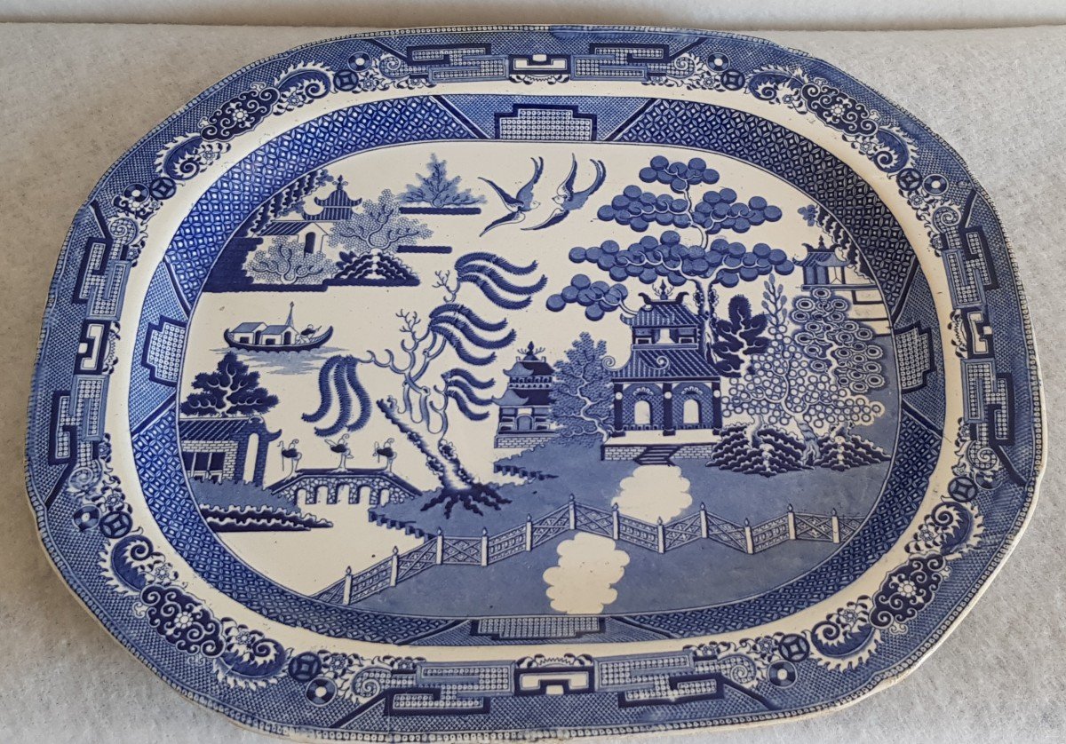 Large English Faience Dish Blue And White Chinoiserie Decor Debut XIX S Cm 42.5x52.5-photo-2