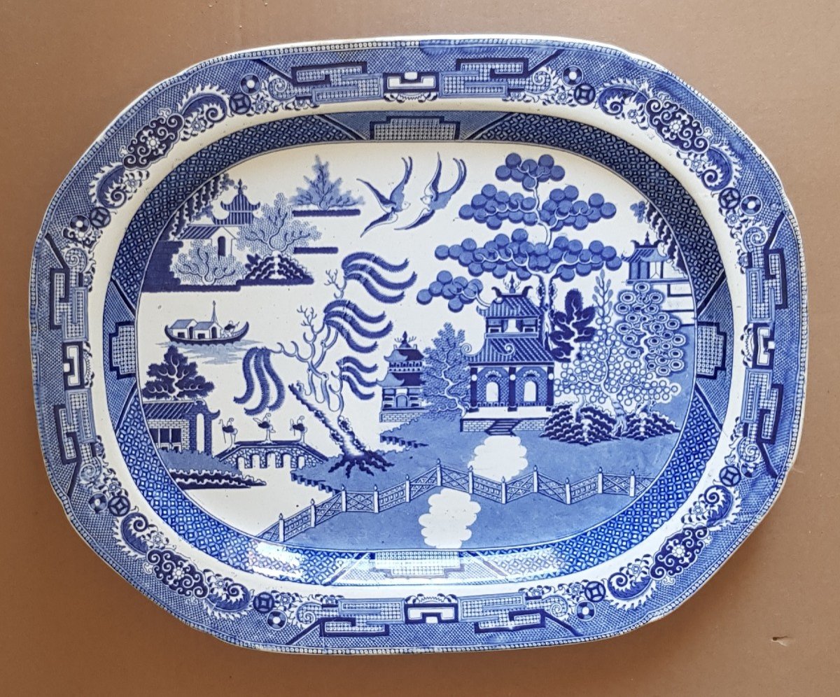 Large English Faience Dish Blue And White Chinoiserie Decor Debut XIX S Cm 42.5x52.5