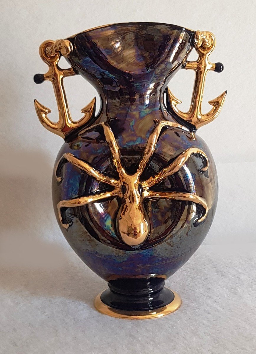 Large Earthenware Vase Etruria XX S Years '50 Anchor, Octopus And Other Marine Symbols H 34 Cm-photo-5