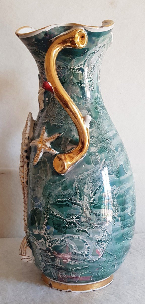 Large Italian Faience Vase XX S 1950s Seahorse Shells And Other Marine Symbols-photo-3