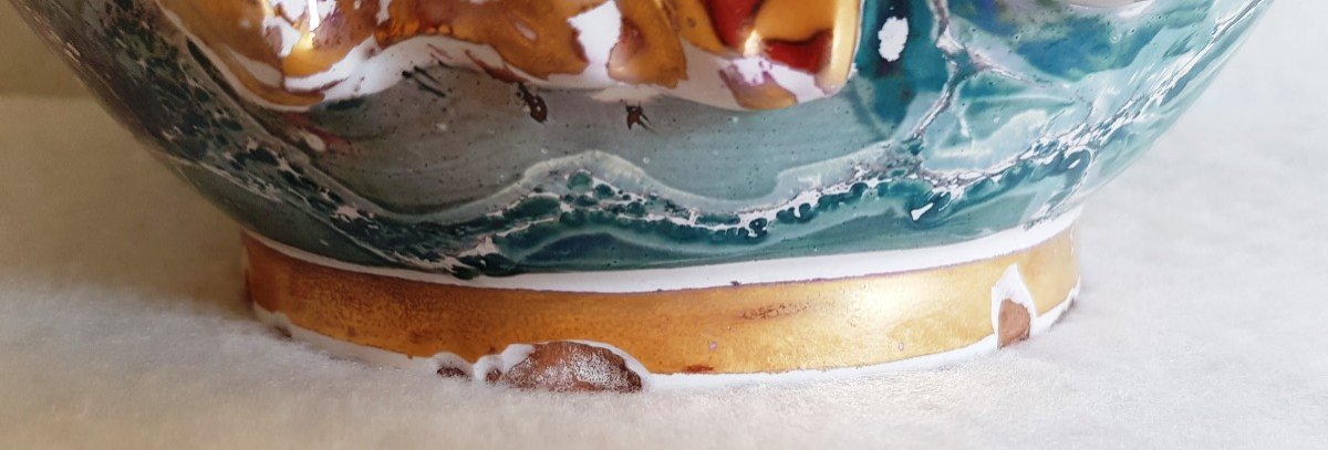 Large Italian Faience Vase XX S 1950s Seahorse Shells And Other Marine Symbols-photo-7