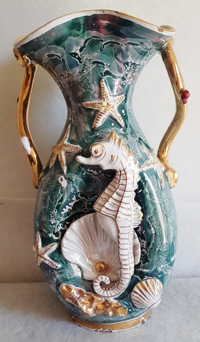 Large Italian Faience Vase XX S 1950s Seahorse Shells And Other Marine Symbols