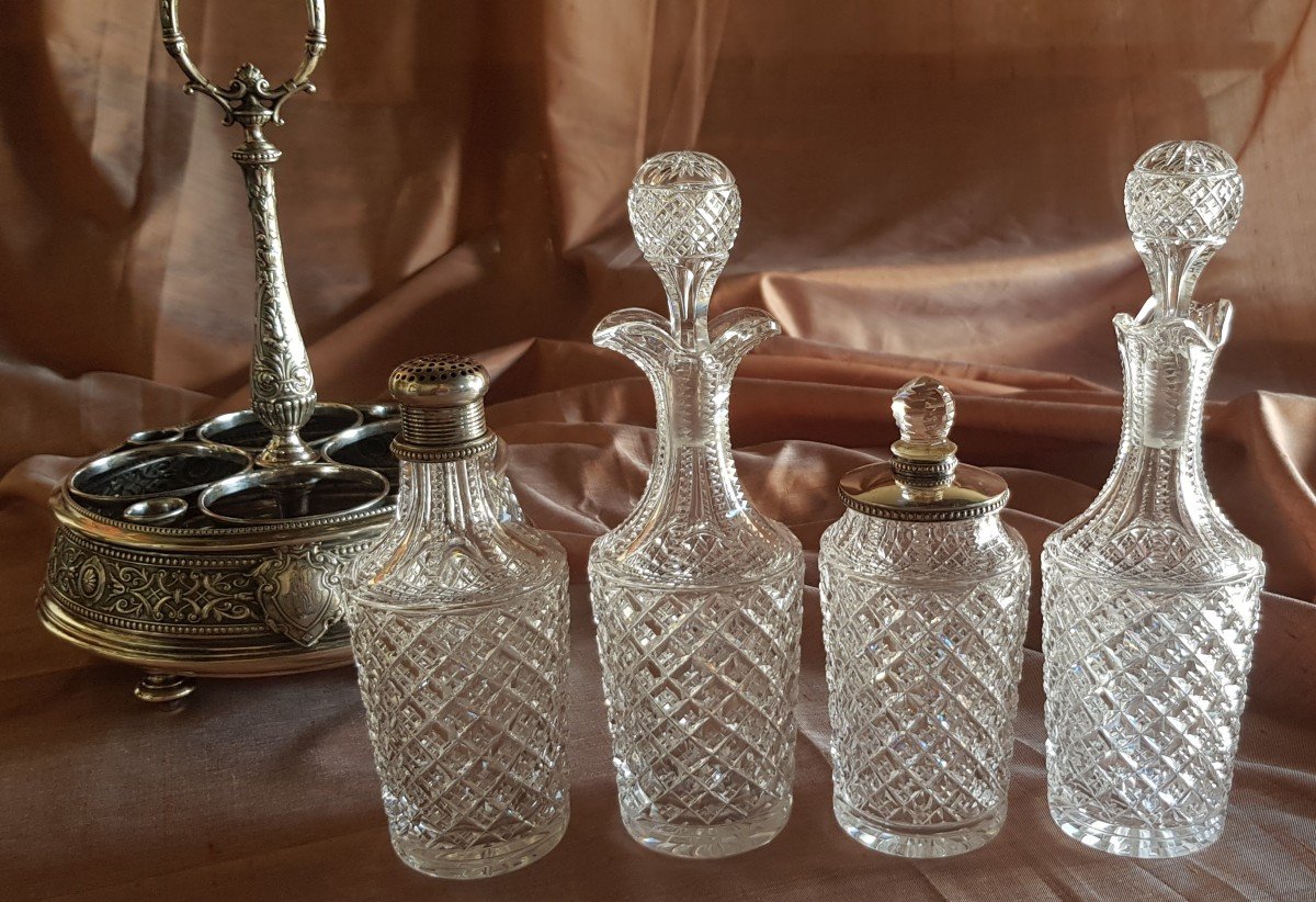 Antique Oil Cruet In Sterling Silver 4 Bottles In Cut Bohemian Crystal, Mitteleurope XIX S-photo-1