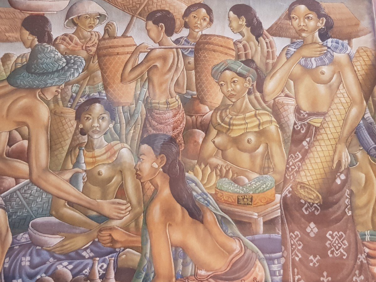 Tableau Peint Sur Tissu Signé Par l'Artiste Indonésien Wayan Dolik Bali 77x57 (59x39) Cm-photo-3