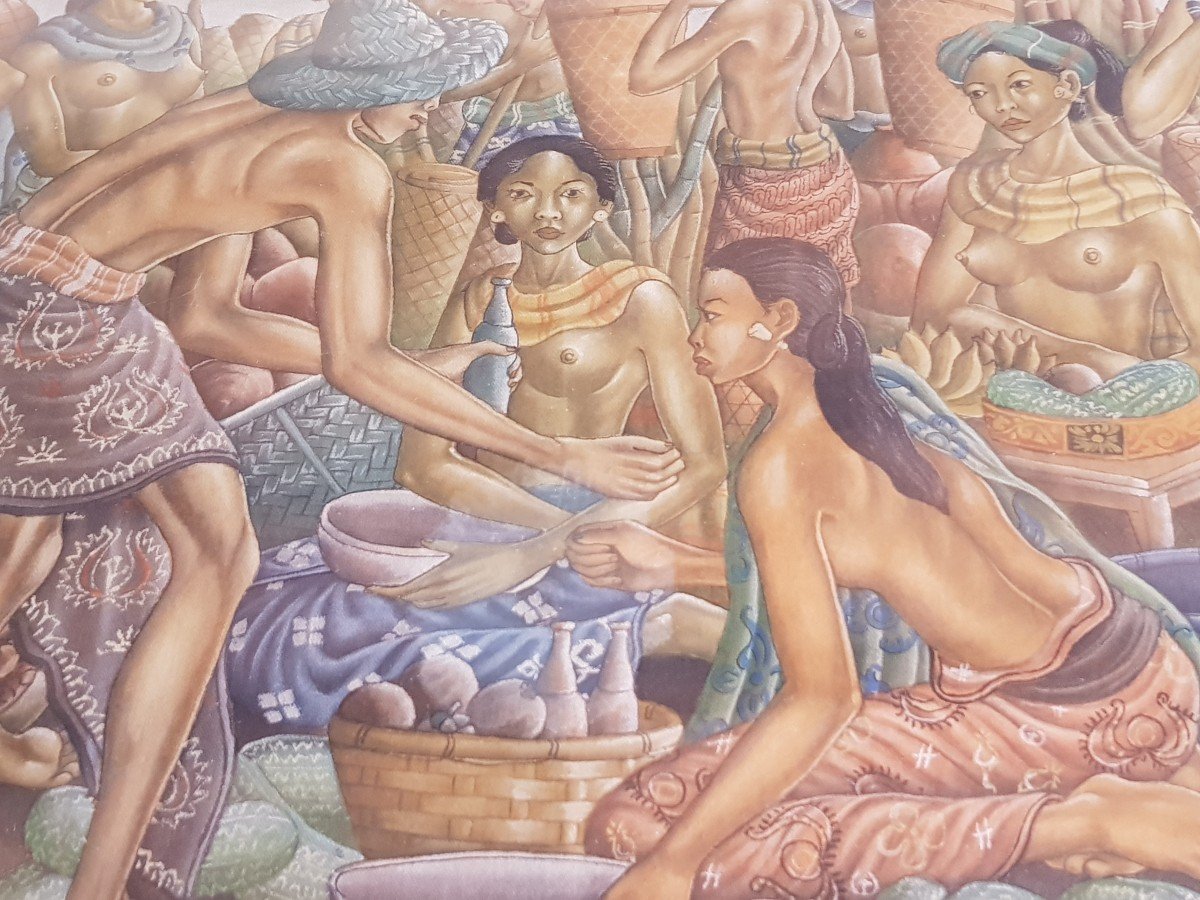 Tableau Peint Sur Tissu Signé Par l'Artiste Indonésien Wayan Dolik Bali 77x57 (59x39) Cm-photo-1