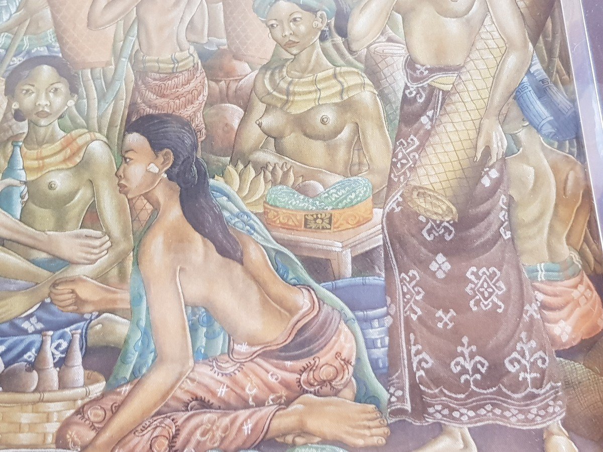 Tableau Peint Sur Tissu Signé Par l'Artiste Indonésien Wayan Dolik Bali 77x57 (59x39) Cm-photo-2