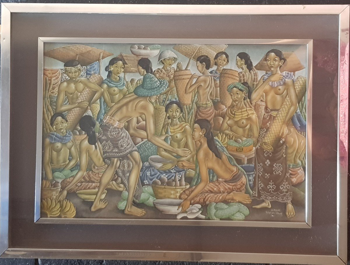 Tableau Peint Sur Tissu Signé Par l'Artiste Indonésien Wayan Dolik Bali 77x57 (59x39) Cm