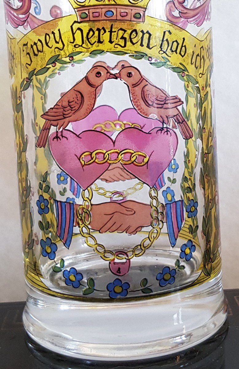 Ancien Verre De Fiançailles  Mariage Allemand Peint  émaux translucides-photo-3