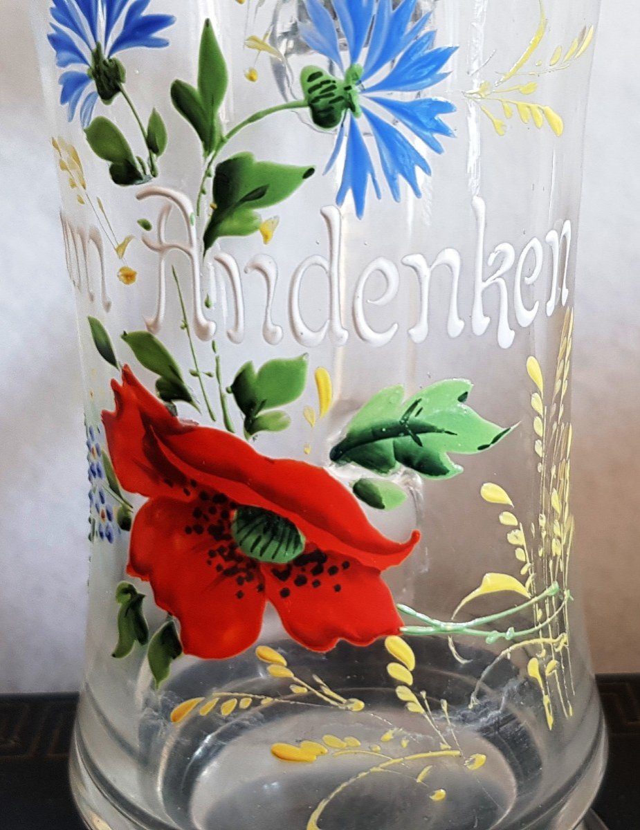 German Tankard Souvenir From Germany Zum Andenken Glass Decor Enamel Painted Tin Lid-photo-2