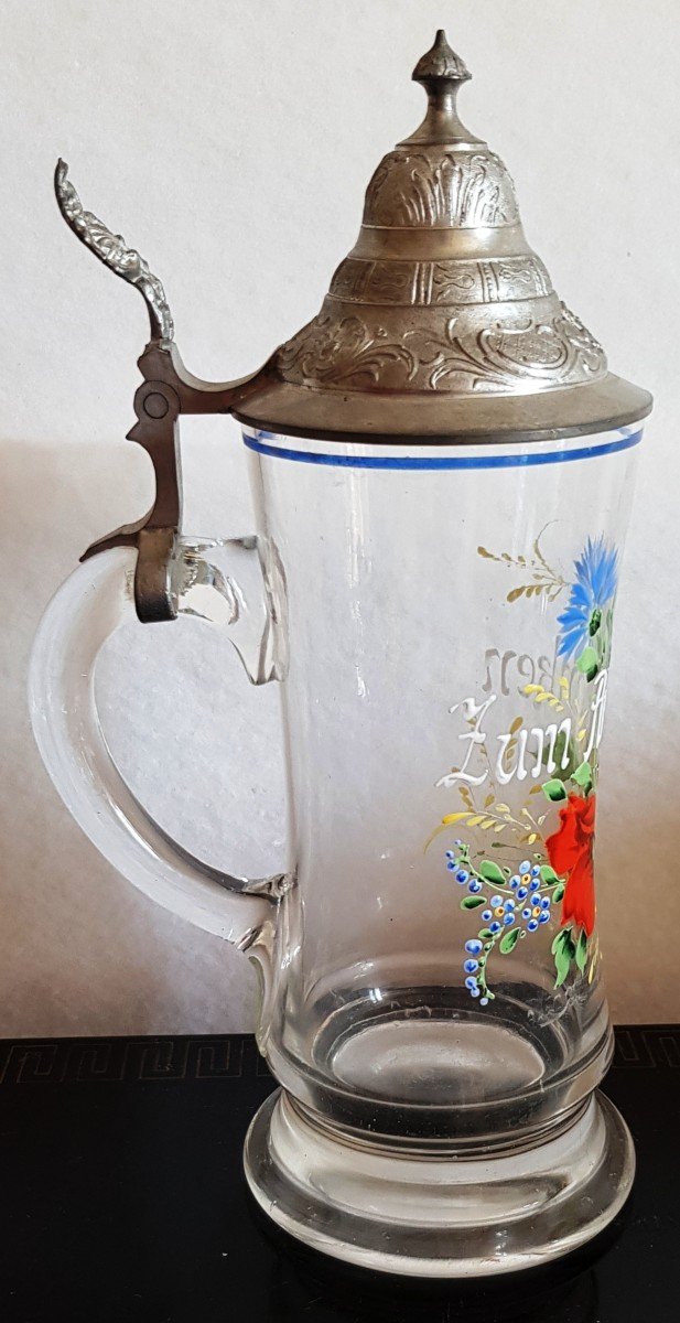 Tankard Allemand  Souvenir d'Allemagne Zum Andenken En Verre  Decor émail Peint Couvercle étain-photo-3