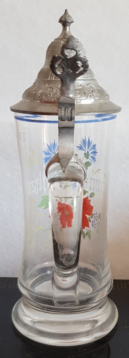 Ancienne chope  Allemande  Souvenir d'Allemagne Zum Andenken En Verre  émaillé Couvercle étain-photo-4