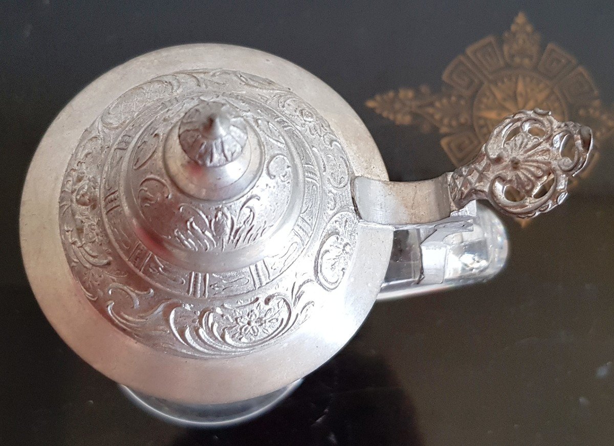 Ancienne chope  Allemande  Souvenir d'Allemagne Zum Andenken En Verre  émaillé Couvercle étain-photo-4