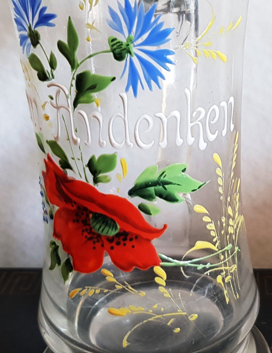 German Tankard Souvenir From Germany Zum Andenken Glass Decor Enamel Painted Tin Lid-photo-7