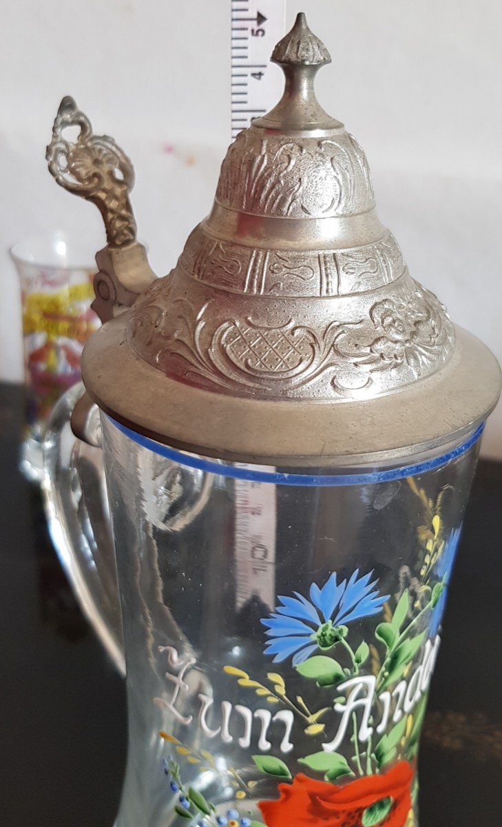 Ancienne chope  Allemande  Souvenir d'Allemagne Zum Andenken En Verre  émaillé Couvercle étain-photo-8