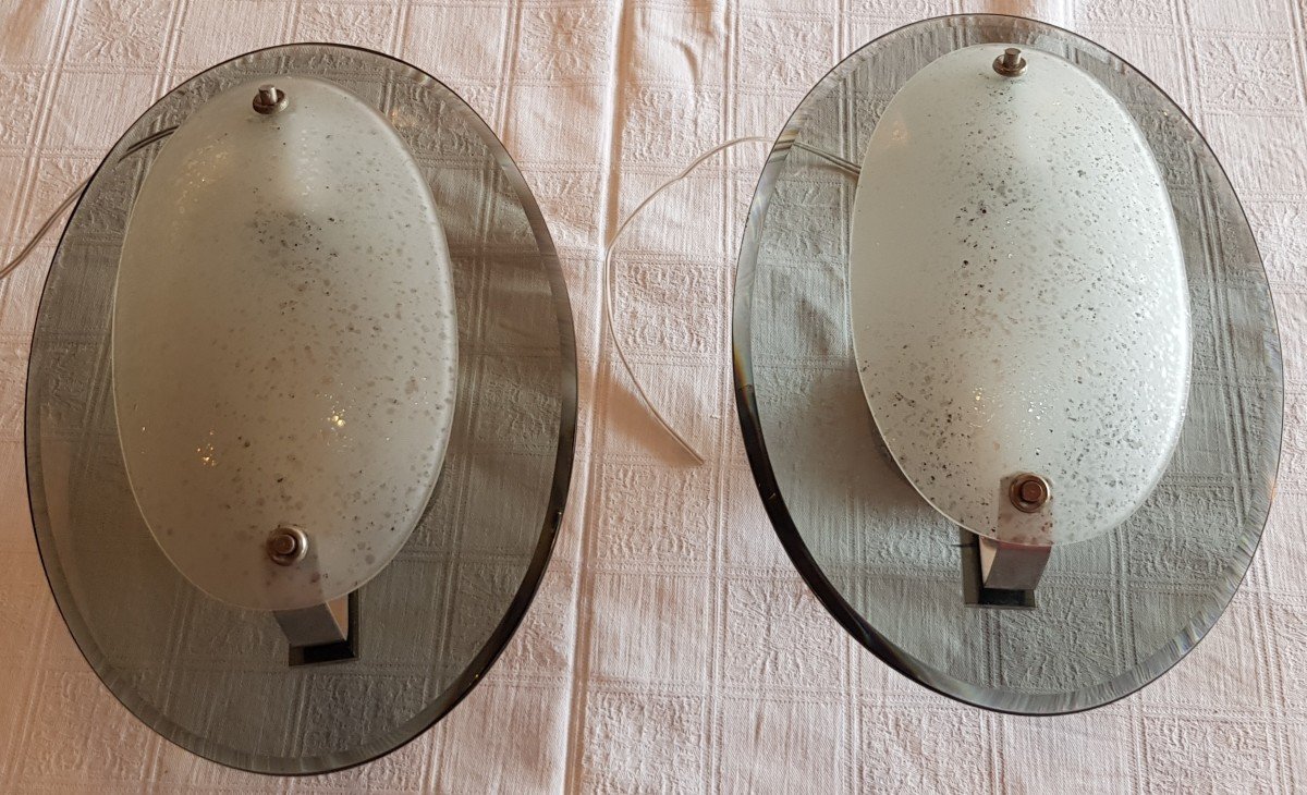 Pair Of Sconces In Smoked Crystal And Frosted Glass 1970-1980-photo-3