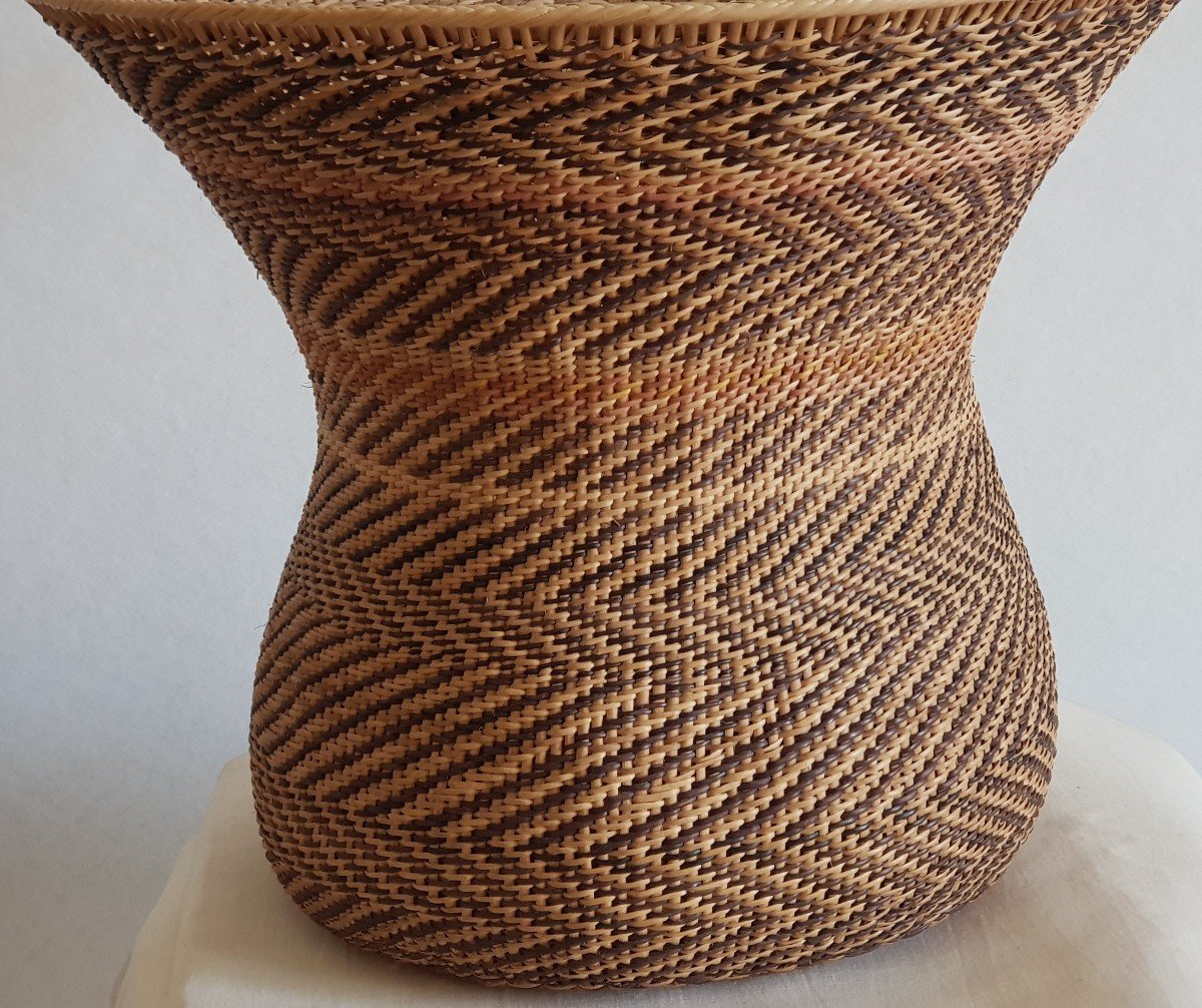 Old Braided Straw Basketry Basket H. 30 Cm-photo-2