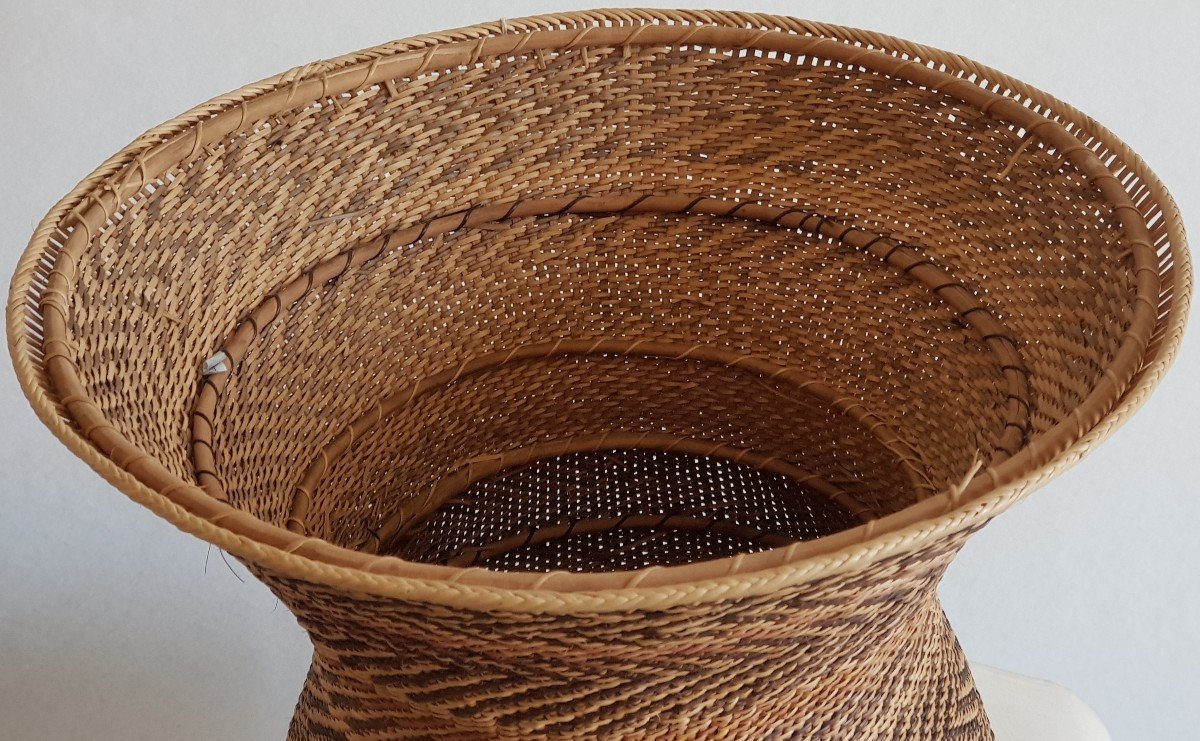 Old Braided Straw Basketry Basket H. 30 Cm-photo-3