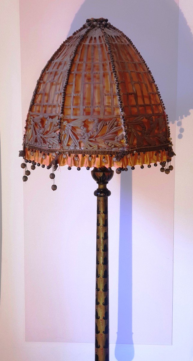 Art Deco Floor Lamp In Painted Wood Rare Original Lampshade-photo-2
