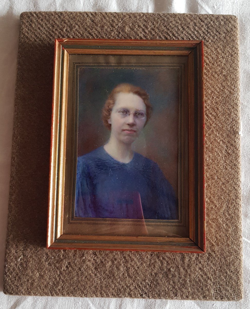 Miniature Former Painter Madeleine Delaporte Dated 1937 Portrait Young Woman 17.5x12.5 Cm-photo-3