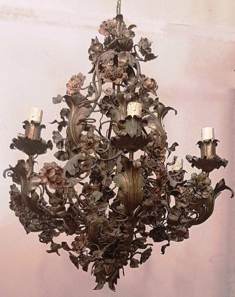 Antique Florentine Handicraft Iron Chandelier Polychrome Flower Basket-photo-2