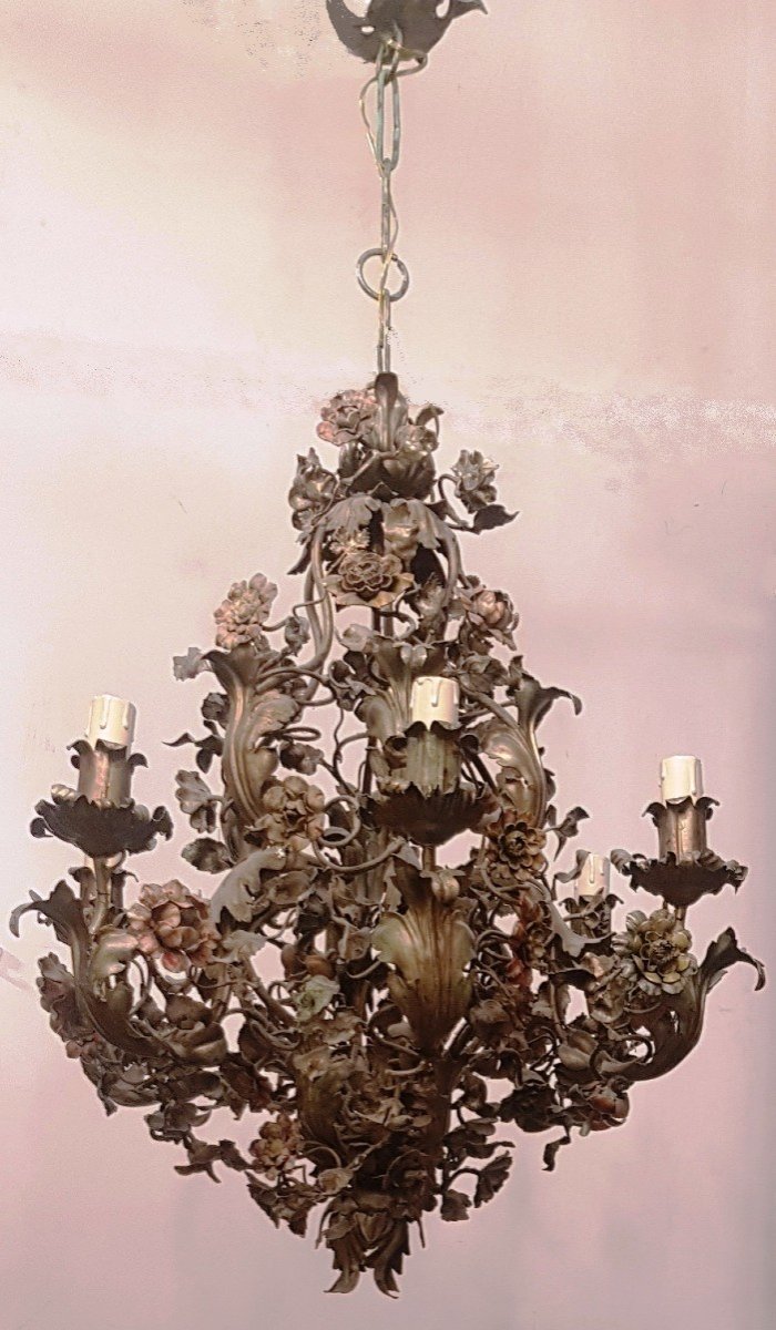 Antique Florentine Handicraft Iron Chandelier Polychrome Flower Basket