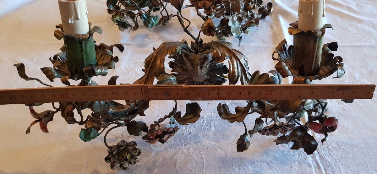 Pair Of Florentine Handicraft Sconces Leaves And Polichrome Flowers-photo-7