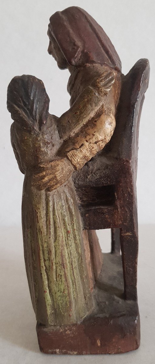 Ancienne Statue En Bois Sculpté Polychrome Début XIX S Sainte Anne Et Sa Fille La Vierge Marie-photo-3