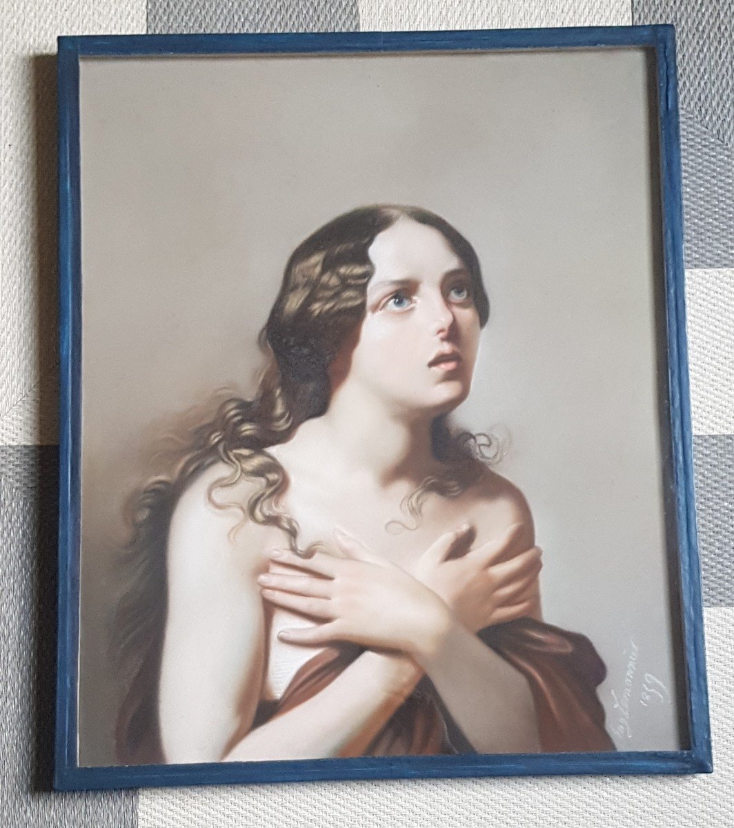  Tableau Pastel Marie Madeleine Signé Eug. Lemonnier 1859 Cm 55x67-photo-3