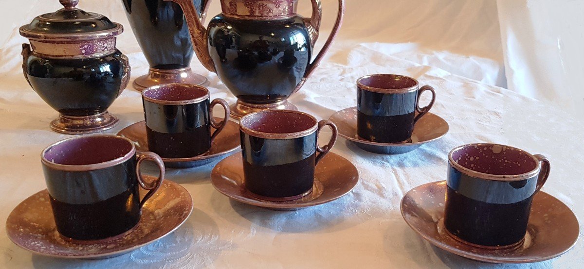 Iridescent Earthenware Coffee Service Manufacture Sarreguemines Empire Period-photo-1