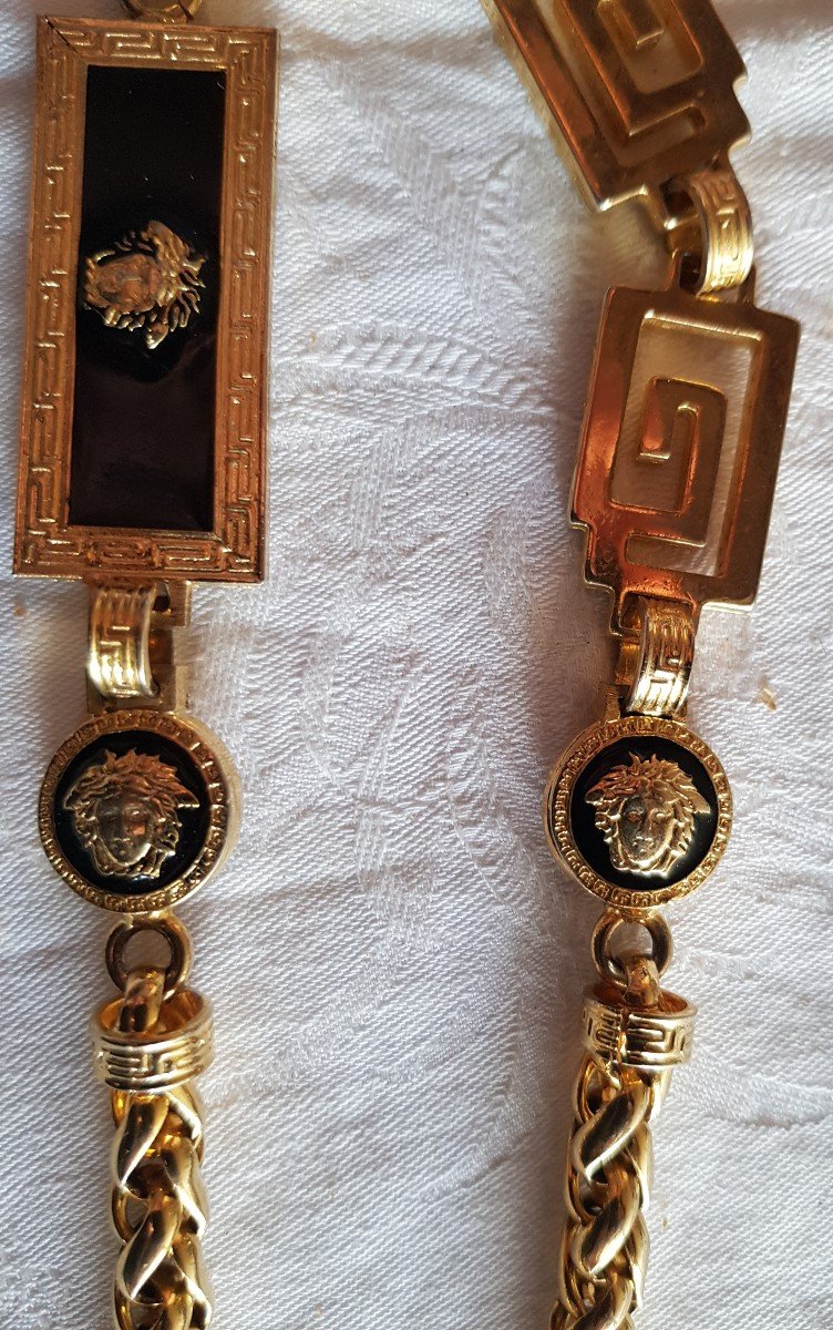 Long Necklace 1980 Gianni Versace Gold Metal Chain And Black Enamel 50 Cm-photo-4