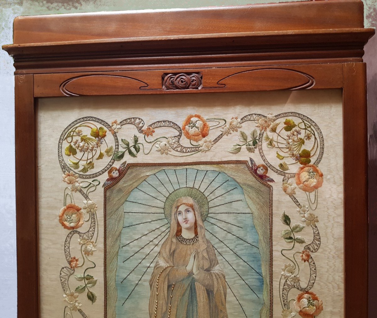 Virgin Of Fatima Painted And Embroidered Painting Art Nouveau-photo-2