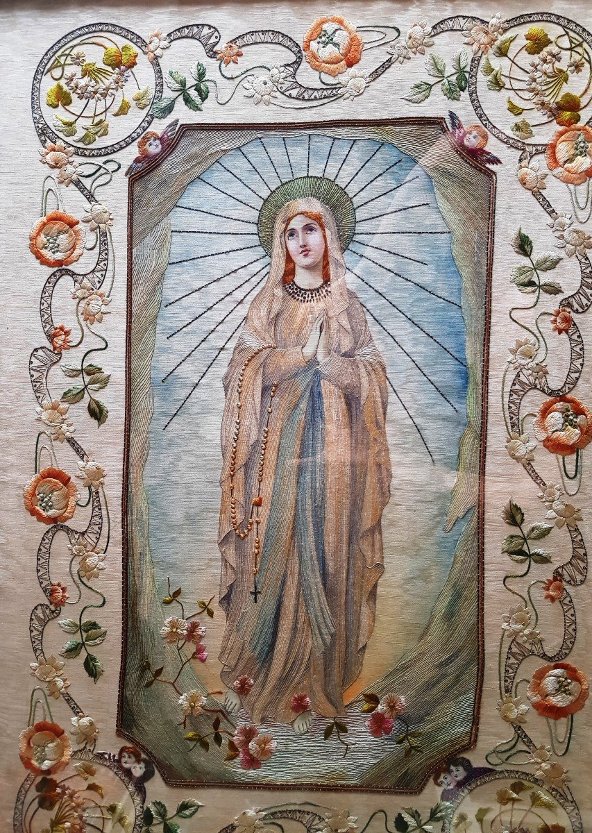 Virgin Of Fatima Painted And Embroidered Painting Art Nouveau-photo-3