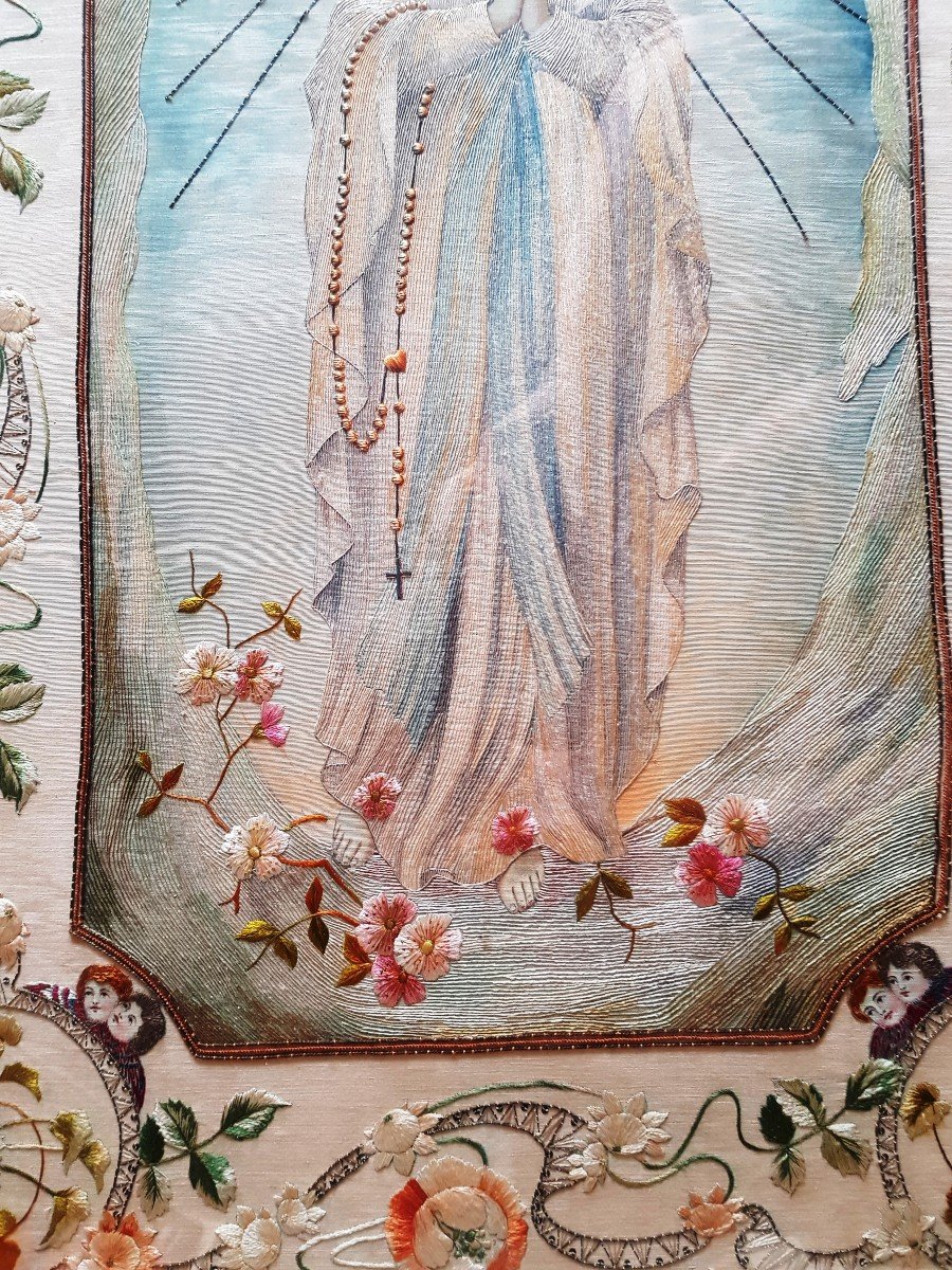 Virgin Of Fatima Painted And Embroidered Painting Art Nouveau-photo-1