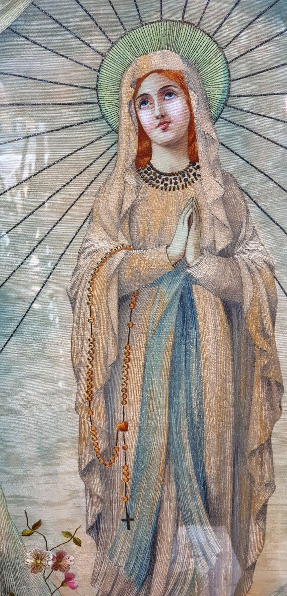 Virgin Of Fatima Painted And Embroidered Painting Art Nouveau-photo-2