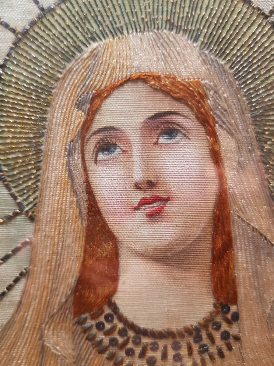 Virgin Of Fatima Painted And Embroidered Painting Art Nouveau-photo-7