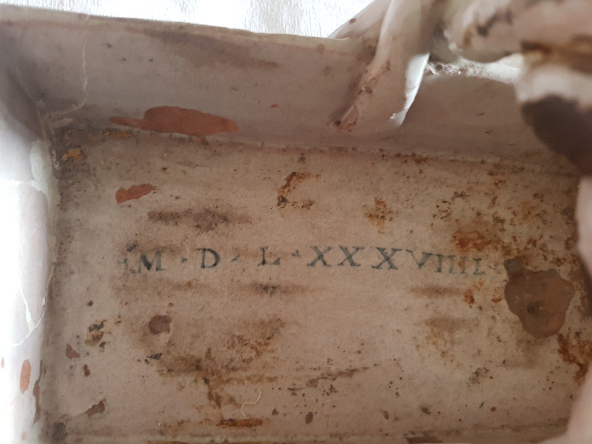 High Period Earthenware Basket Dated 1589 Polychrome Decor Heraldic Coat Of Arms 24x12x14 Cm-photo-3