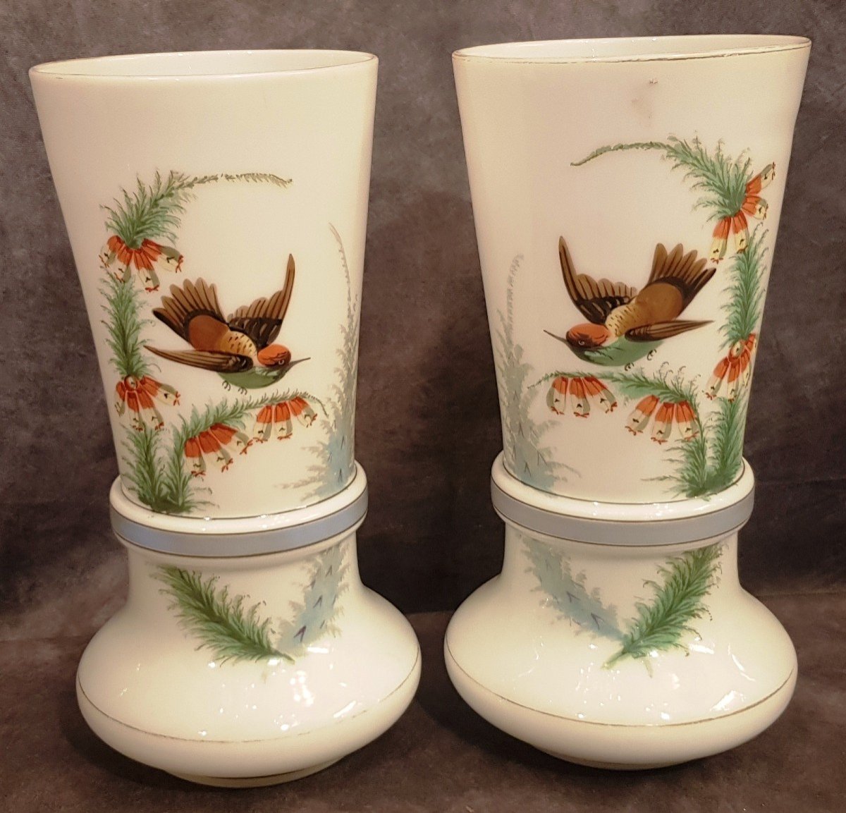 Pair Of Vases In Painted White Opaline XIXs H 31 Cm