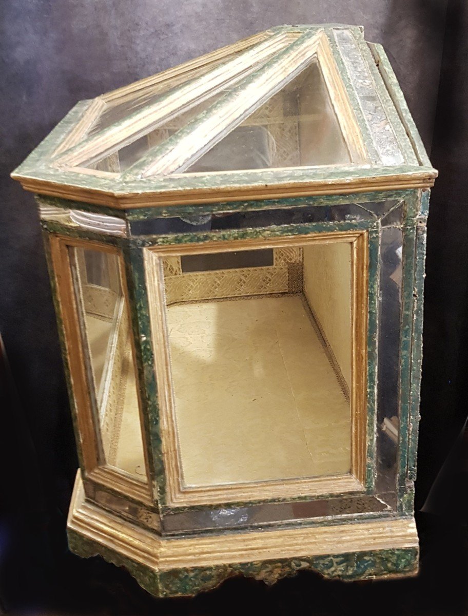  Châsse Vitrine Ancienne Scarabattolo Italie  Bois Faux Marbre Et Miroirs -photo-3