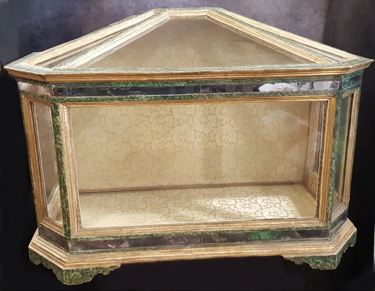  Châsse Vitrine Ancienne Scarabattolo Italie  Bois Faux Marbre Et Miroirs 