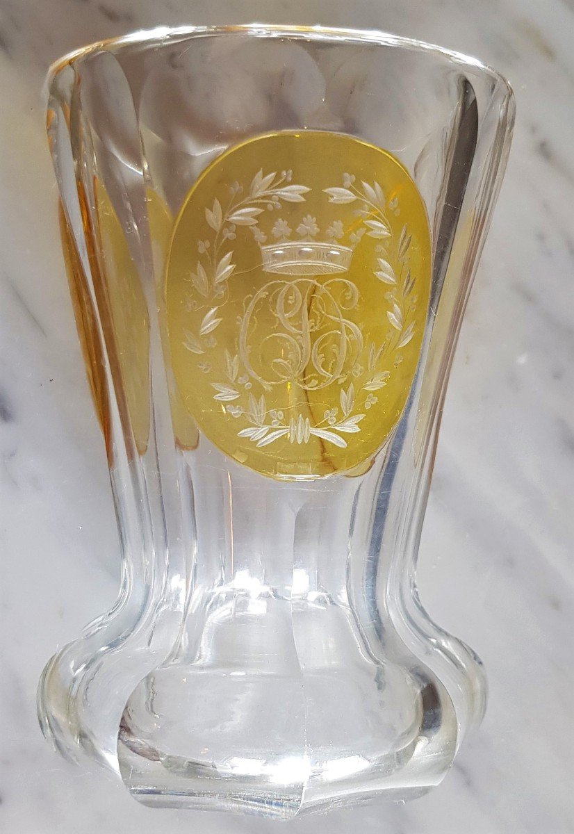 Verre Ancien Cristal De Bohème Biedermeier Taillé Et Gravé Couronne Marquis Monogramme Cds