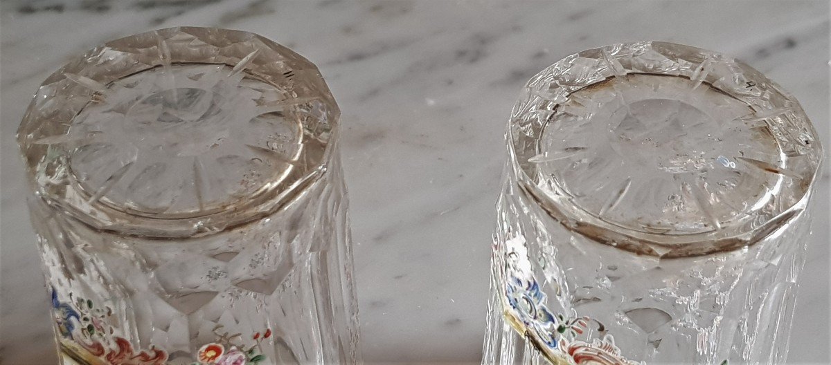 Paire De Goblets Anciens  XIX S En Cristal Taillé Et Finement émaillés Miniatures H 8,5 Cm-photo-2