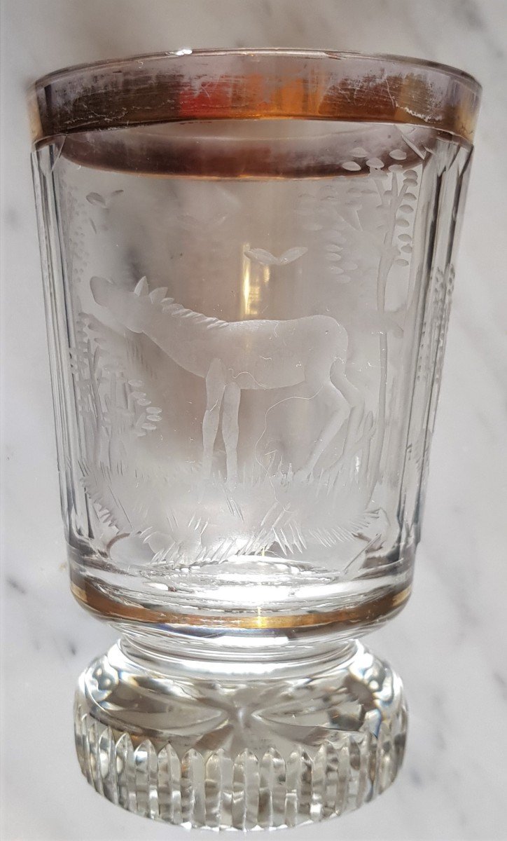 Verre En Cristal De Bohème Ancien Cristal Gravé Decor Animaux-photo-4