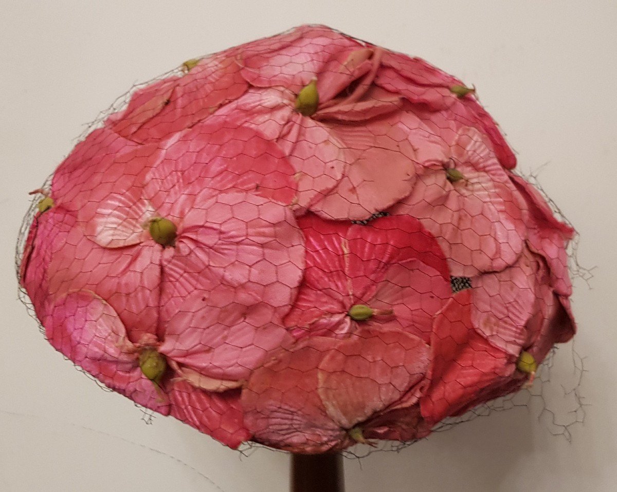 Chapeau Coiffe Toque Avec Fleurs Et Voilette Modiste Italienne  Première Moitié XX S-photo-2