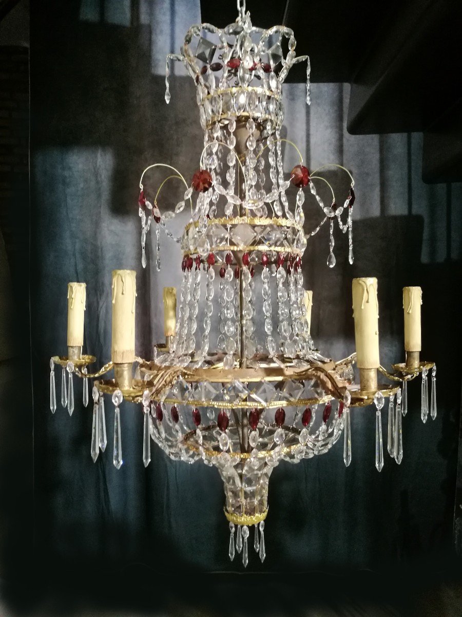 Old Italian Chandelier Empire Period Tole Repoussé And Crystals-photo-2