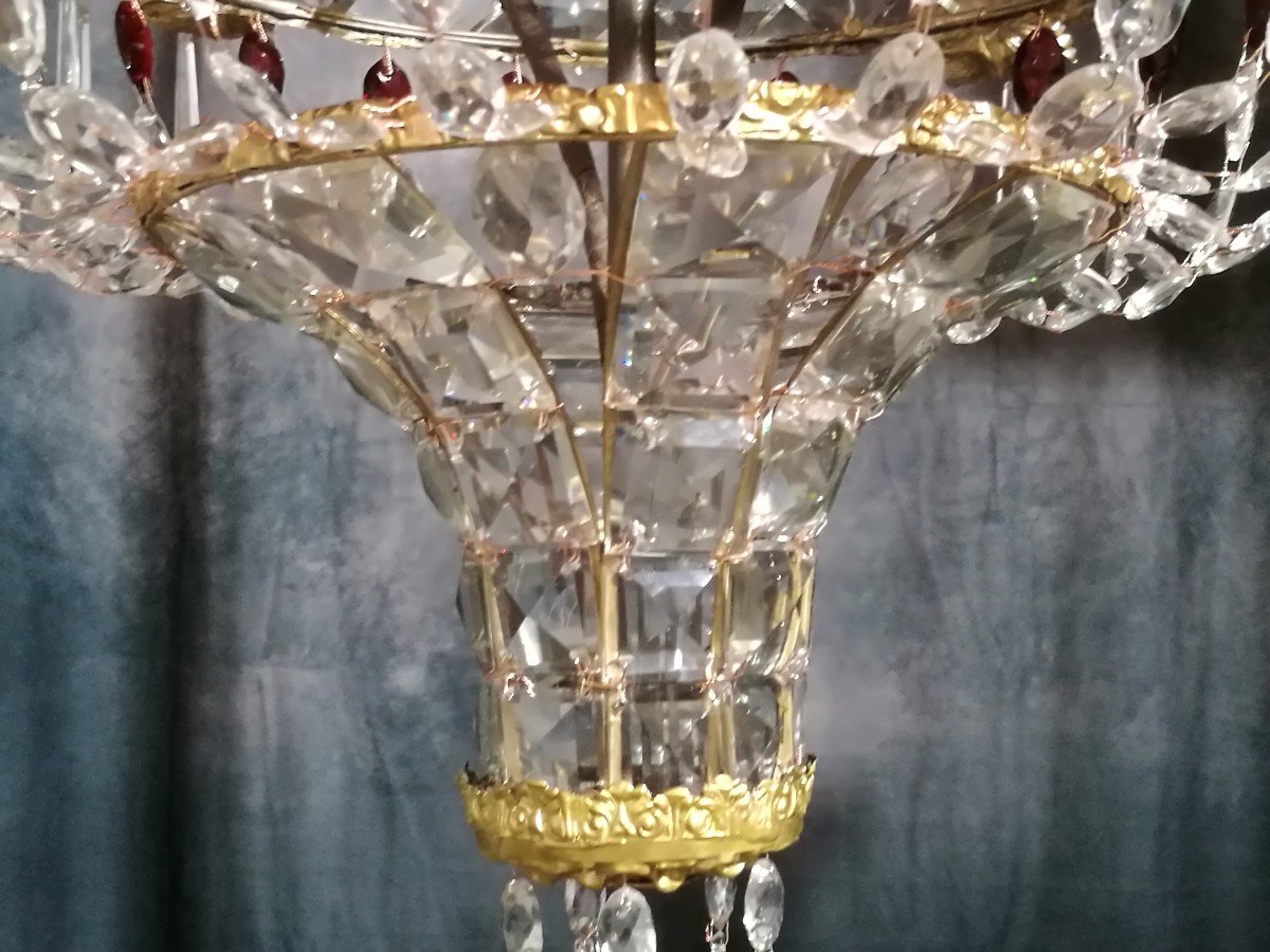 Old Italian Chandelier Empire Period Tole Repoussé And Crystals-photo-2