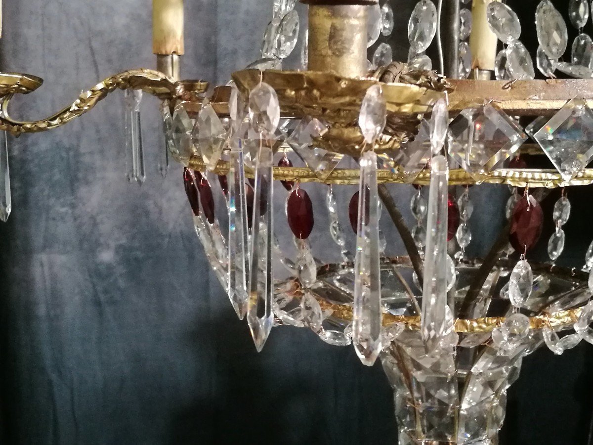 Old Italian Chandelier Empire Period Tole Repoussé And Crystals-photo-3